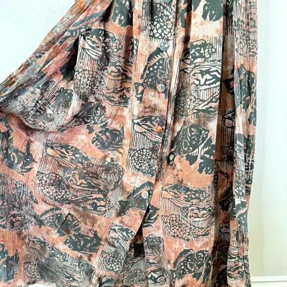 Vintage 80s Maxi Shirt Dress XL Koi Fish Sea Shells Beach Artsy Boho Crinkle - Picture 4 of 11
